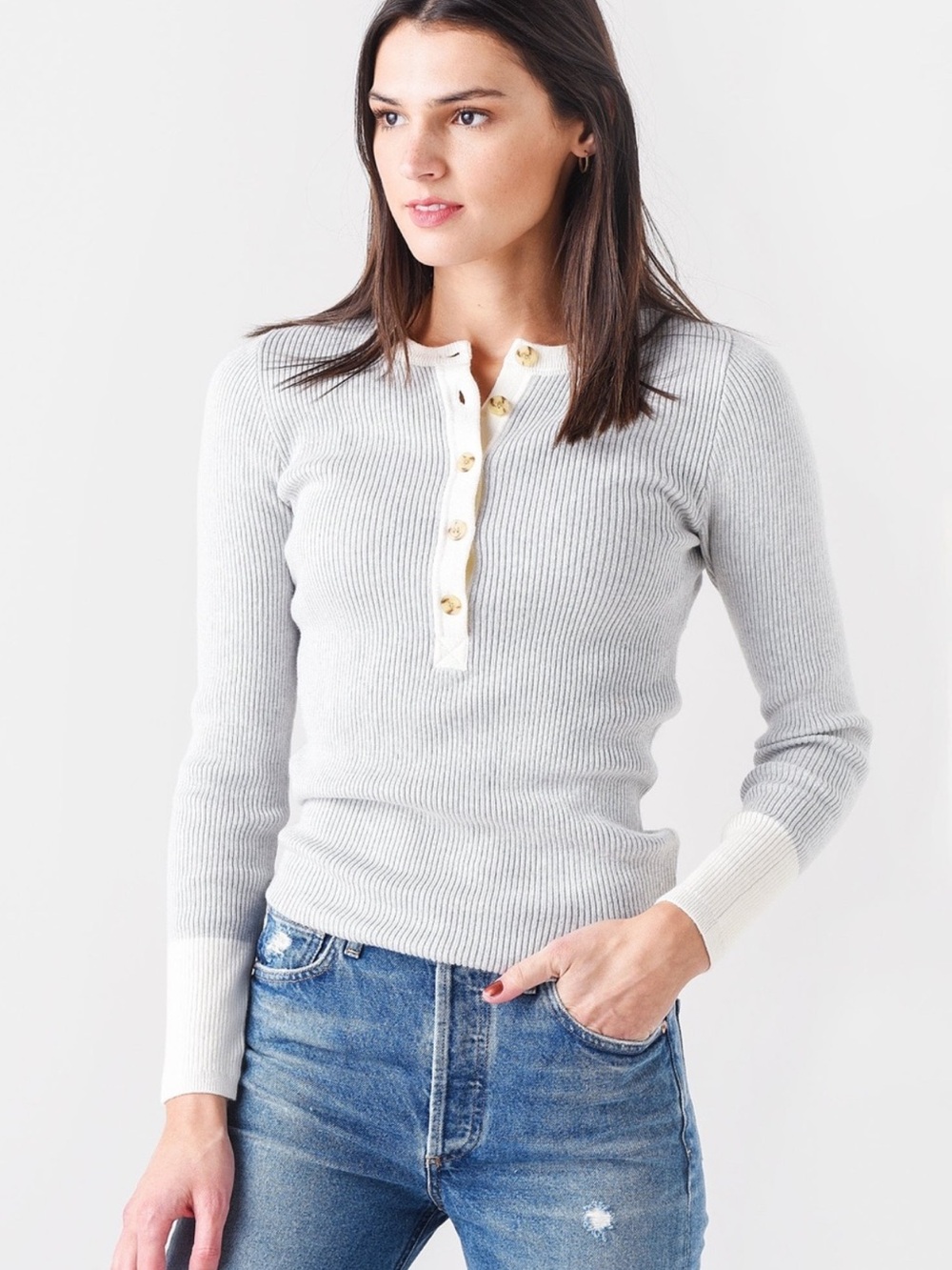 Faherty Light Gray Ribbed Henley with White Trim and Gold Buttons